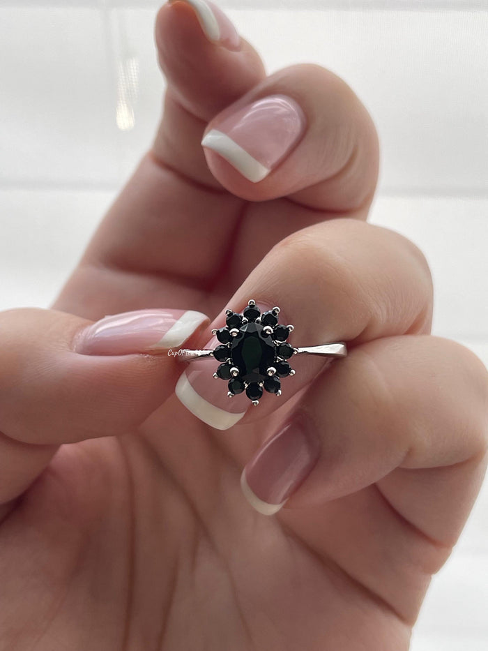Black Onyx Sterling Silver Ring: CZ Diamond Accents