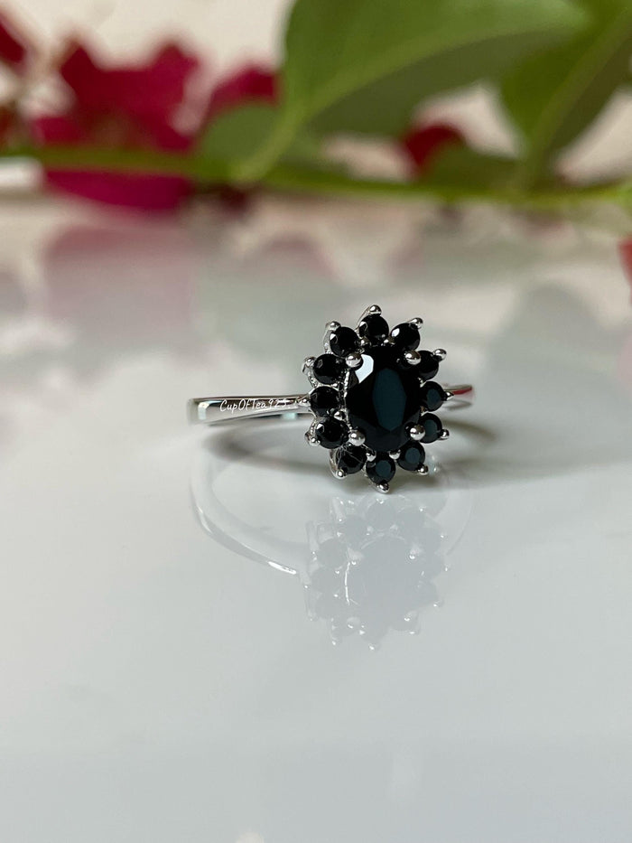 Black Onyx Sterling Silver Ring: CZ Diamond Accents