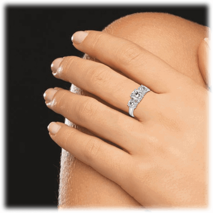 Three-stone cubic zirconia ring on hand, silver-tone band with round clear stones
