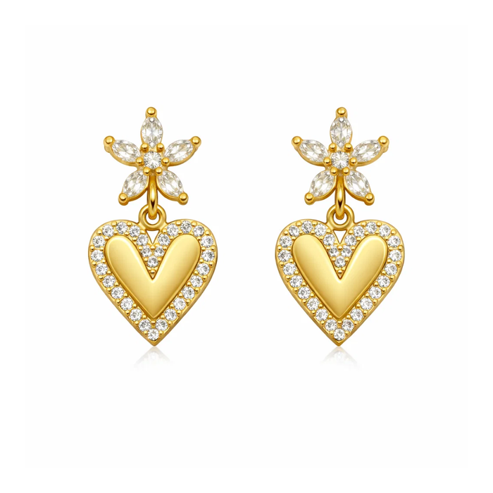 Gold-tone heart drop earrings with crystal teardrop center and heart charms