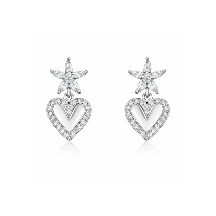 Silver heart drop earrings with starburst top and pave heart charm, clear stones