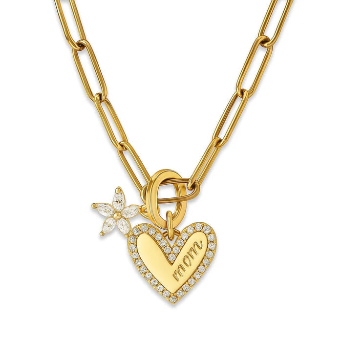 Gold chain necklace with heart pendant, MOM engraving, and flower charm