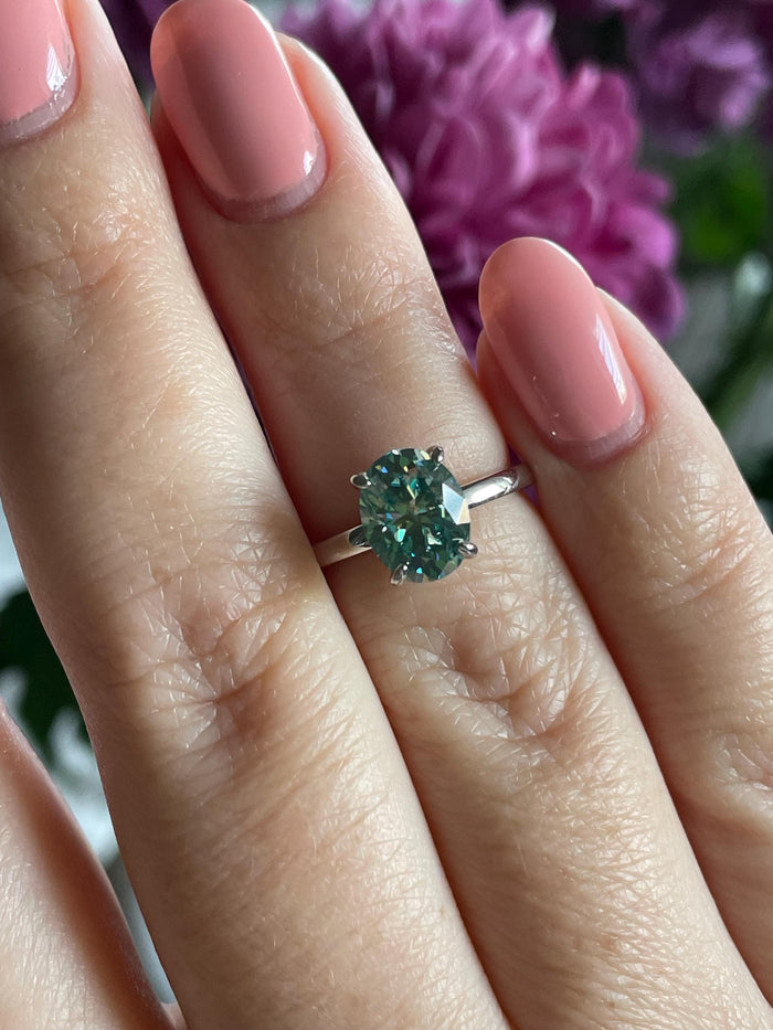 Blue-Green Moissanite Engagement Ring: Sterling Silver Hidden Halo