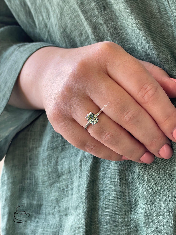 Blue-Green Moissanite Engagement Ring: Sterling Silver Hidden Halo