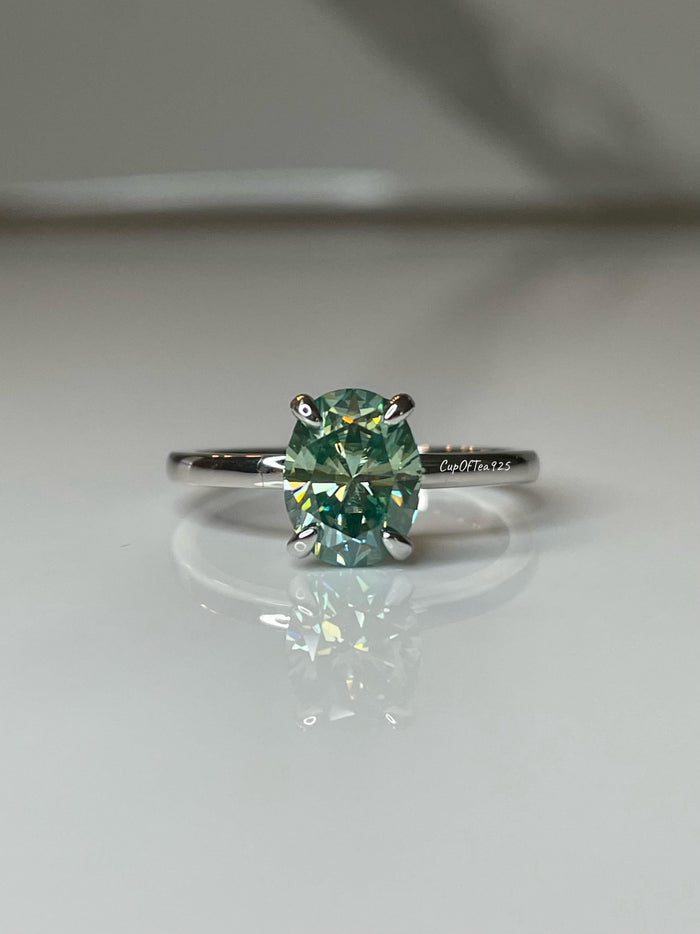 Blue-Green Moissanite Engagement Ring: Sterling Silver Hidden Halo