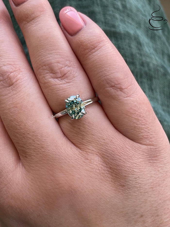 Blue-Green Moissanite Engagement Ring: Sterling Silver Hidden Halo