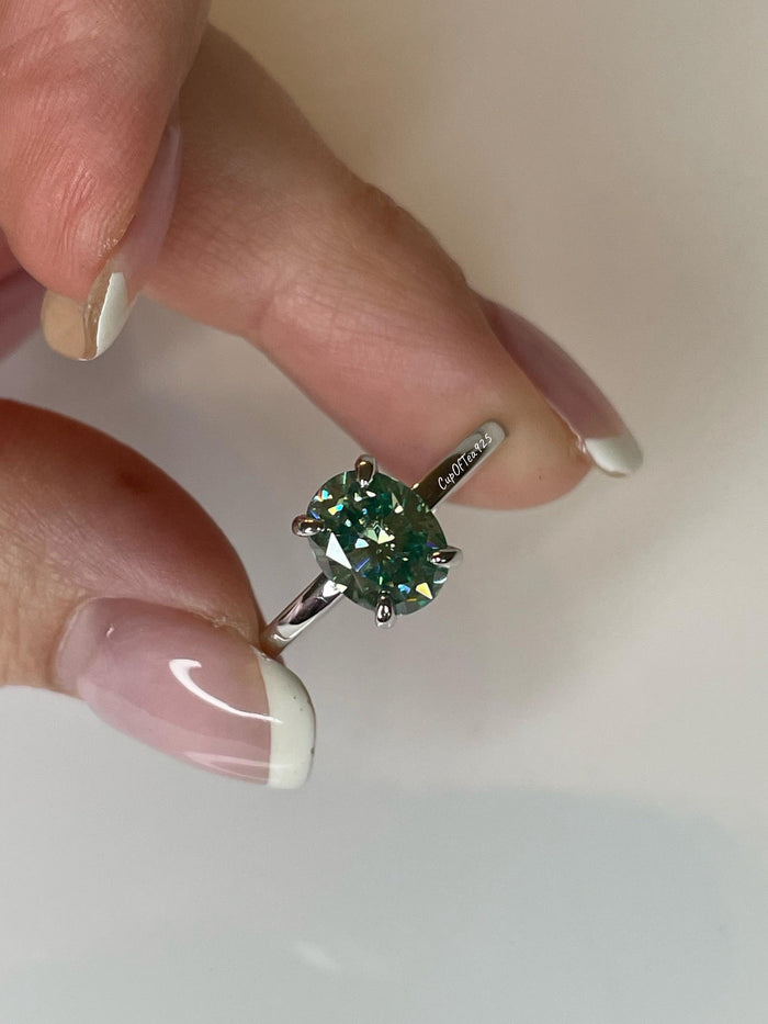 Blue-Green Moissanite Engagement Ring: Sterling Silver Hidden Halo