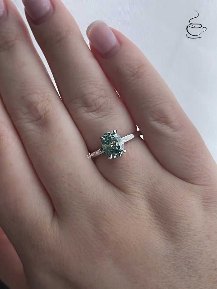 Blue-Green Moissanite Engagement Ring: Sterling Silver Hidden Halo