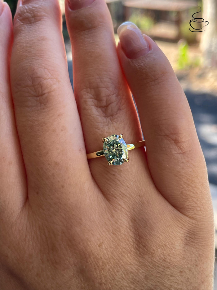 Blue green moissanite moissanite engagement ring, Sterling silver ring with 2 carat blue green moissanite, gold vermeil ring, gift for her