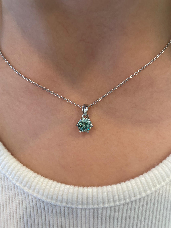 Blue Green Moissanite Necklace , Sterling Silver, 0.8ct Blue green , green Sparkling Moissanite Pendant with Chain