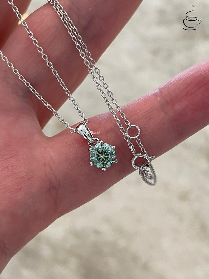 Blue Green Moissanite Necklace , Sterling Silver, 0.8ct Blue green , green Sparkling Moissanite Pendant with Chain