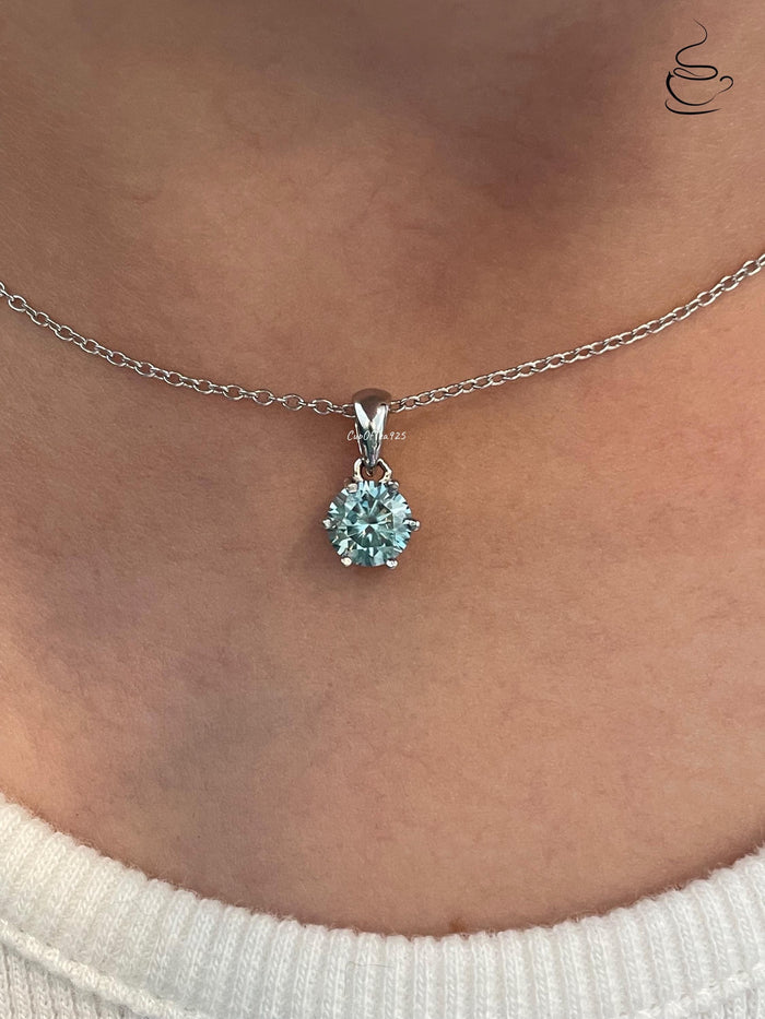 Blue Moissanite Necklace , Sterling Silver, 0.8ct Sparkling Blue Moissanite Pendant with Chain