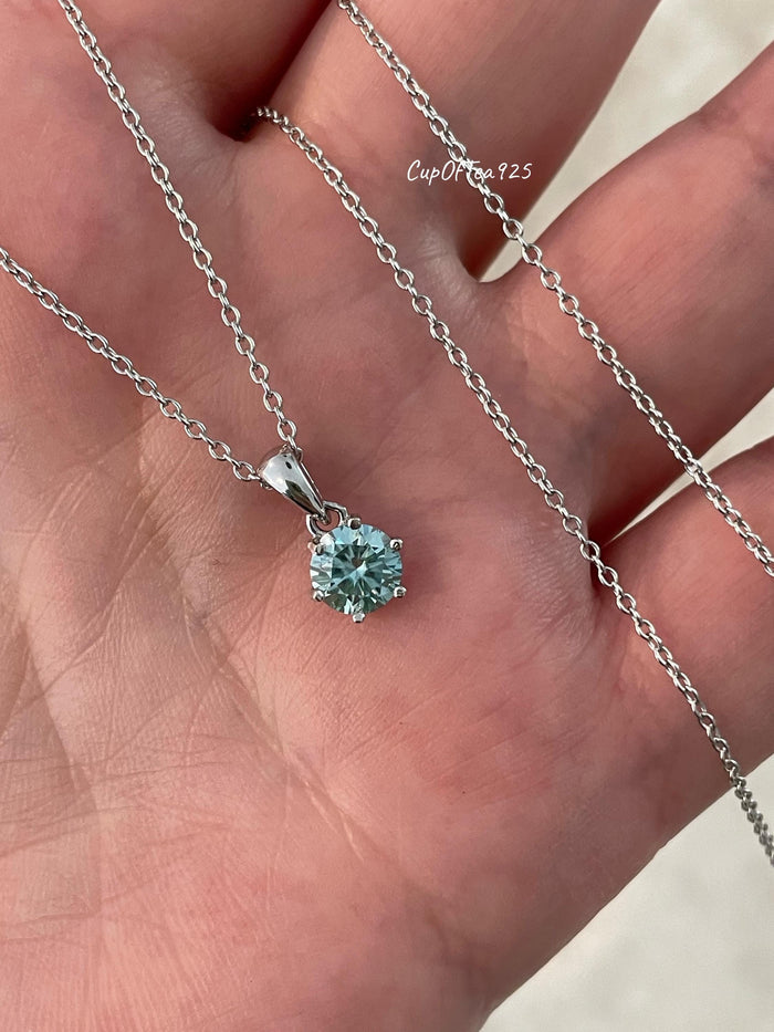Blue Moissanite Necklace , Sterling Silver, 0.8ct Sparkling Blue Moissanite Pendant with Chain