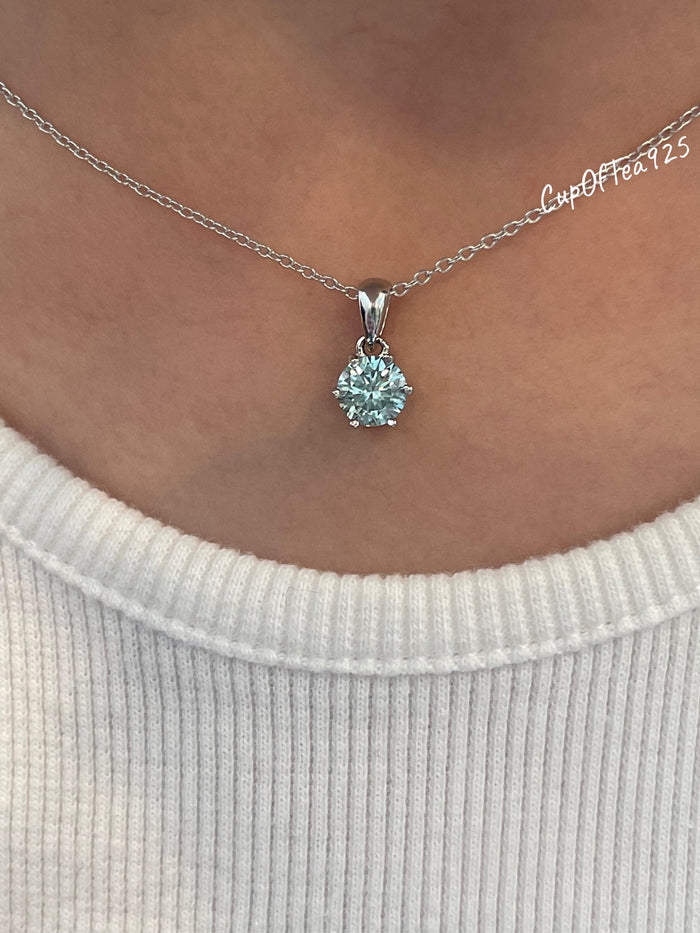 Blue Moissanite Necklace , Sterling Silver, 0.8ct Sparkling Blue Moissanite Pendant with Chain