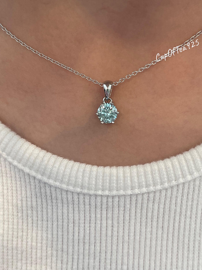 Blue Moissanite Necklace , Sterling Silver, 0.8ct Sparkling Blue Moissanite Pendant with Chain