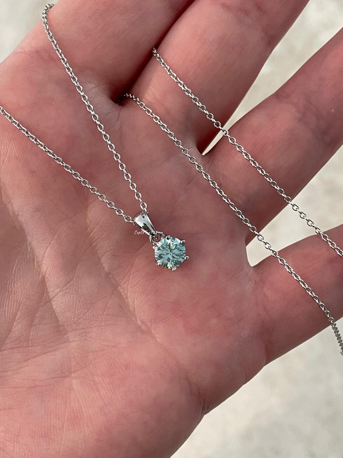 Blue Moissanite Necklace , Sterling Silver, 0.8ct Sparkling Blue Moissanite Pendant with Chain