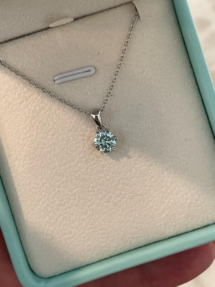 Blue Moissanite Necklace , Sterling Silver, 0.8ct Sparkling Blue Moissanite Pendant with Chain