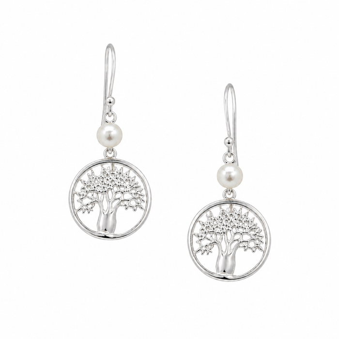 Boab Circle of Life earrings in 925 sterling silver with bezel set freshwater pearl designed in Broome Western Australia