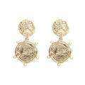 Gold coin dangle earrings with circular embossed coins and small dangling rings
