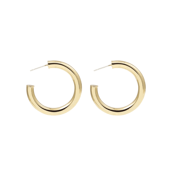 Small gold-tone round hoop earrings with pin clasp and hinged closure, pair.