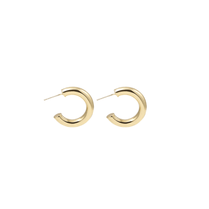 Tiny gold-tone round hoop earrings with pin clasp and hinged closure, pair.