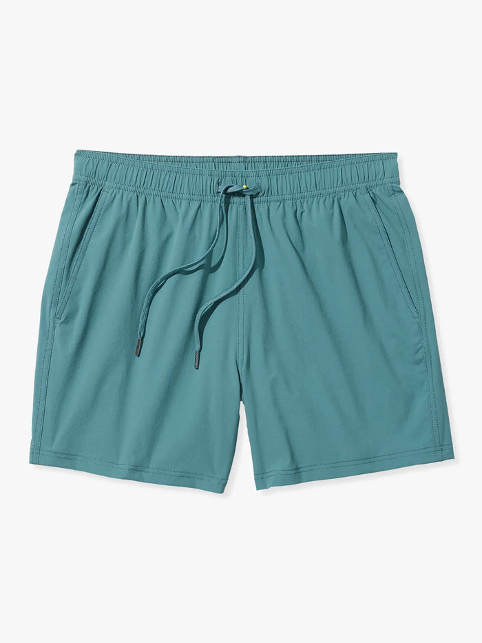 Solid seapine green bungalow trunk with drawstring on a white background.