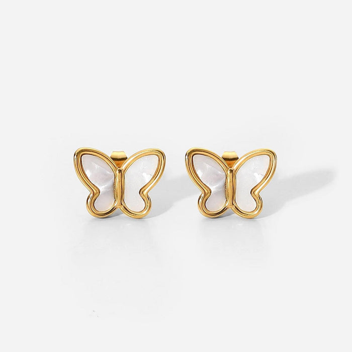 Gold butterfly stud earrings with mother-of-pearl inlay, matching pair front view