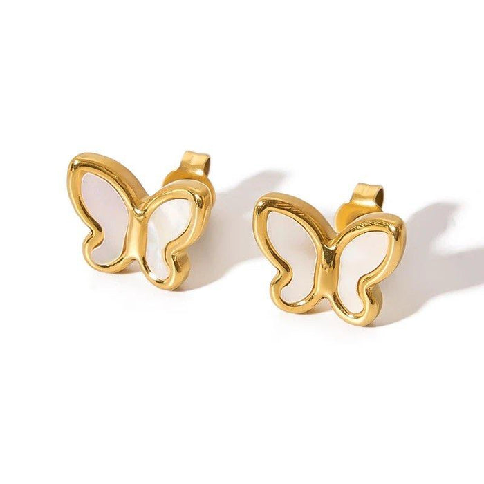 Gold butterfly stud earrings with mother-of-pearl inlay, curved butterfly front