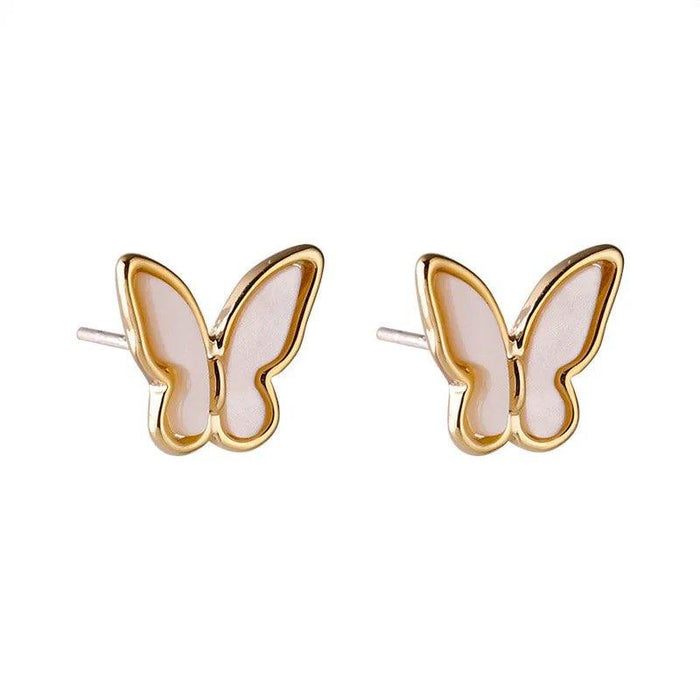 Gold butterfly stud earrings with mother-of-pearl inlay, butterfly face on stud posts