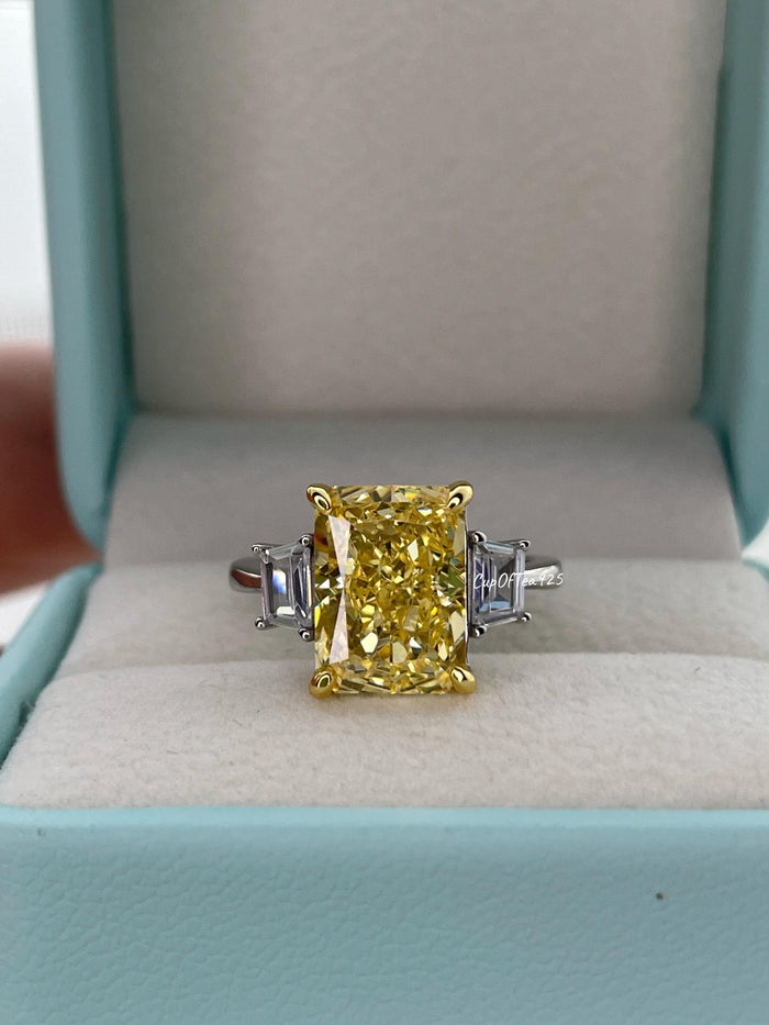 Canary Yellow Crushed Ice Simulated Diamond Engagement Ring, Sterling Silver, Radiant cut
