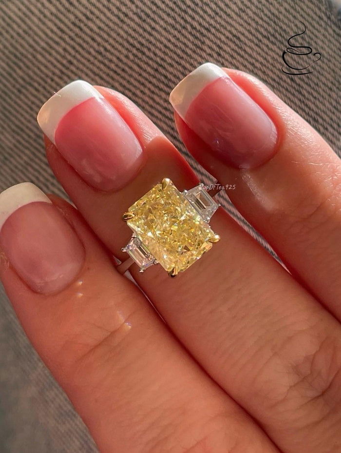 Canary Yellow Crushed Ice Simulated Diamond Engagement Ring, Sterling Silver, Radiant cut