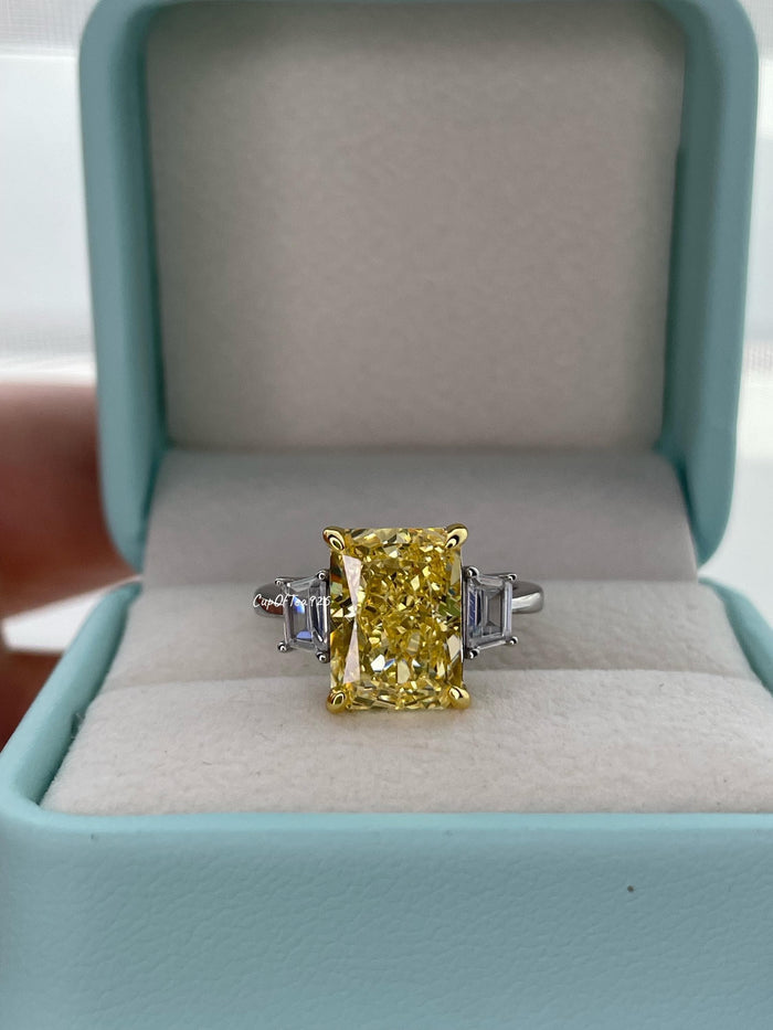 Canary Yellow Crushed Ice Simulated Diamond Engagement Ring, Sterling Silver, Radiant cut