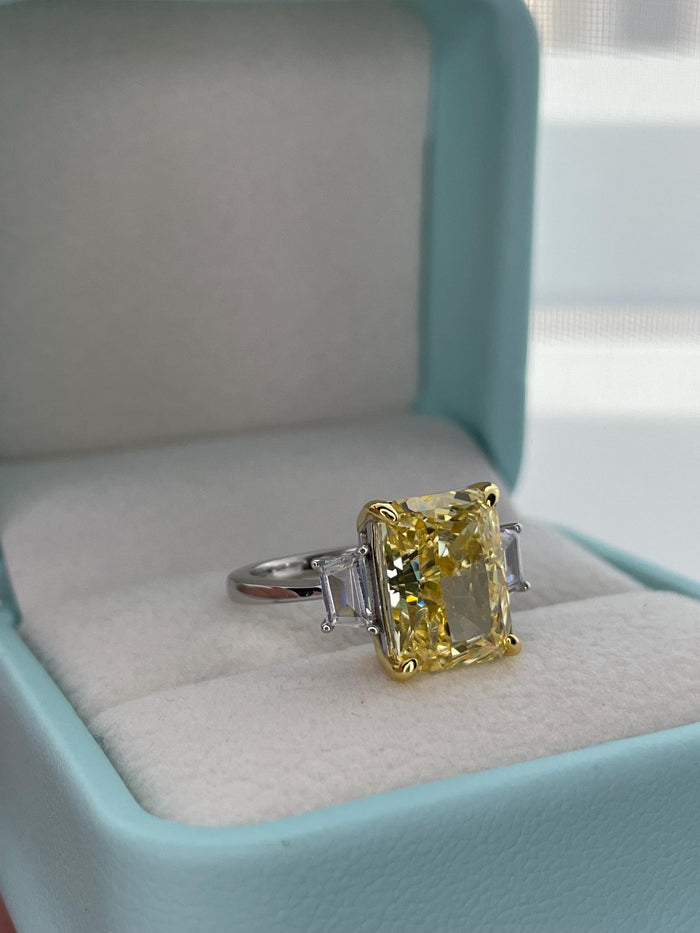 Canary Yellow Crushed Ice Simulated Diamond Engagement Ring, Sterling Silver, Radiant cut