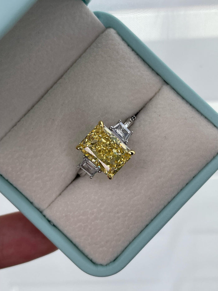 Canary Yellow Crushed Ice Simulated Diamond Engagement Ring, Sterling Silver, Radiant cut