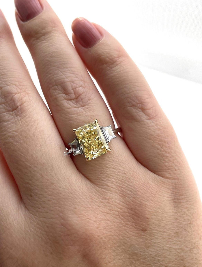 Canary Yellow Crushed Ice Simulated Diamond Engagement Ring, Sterling Silver, Radiant cut