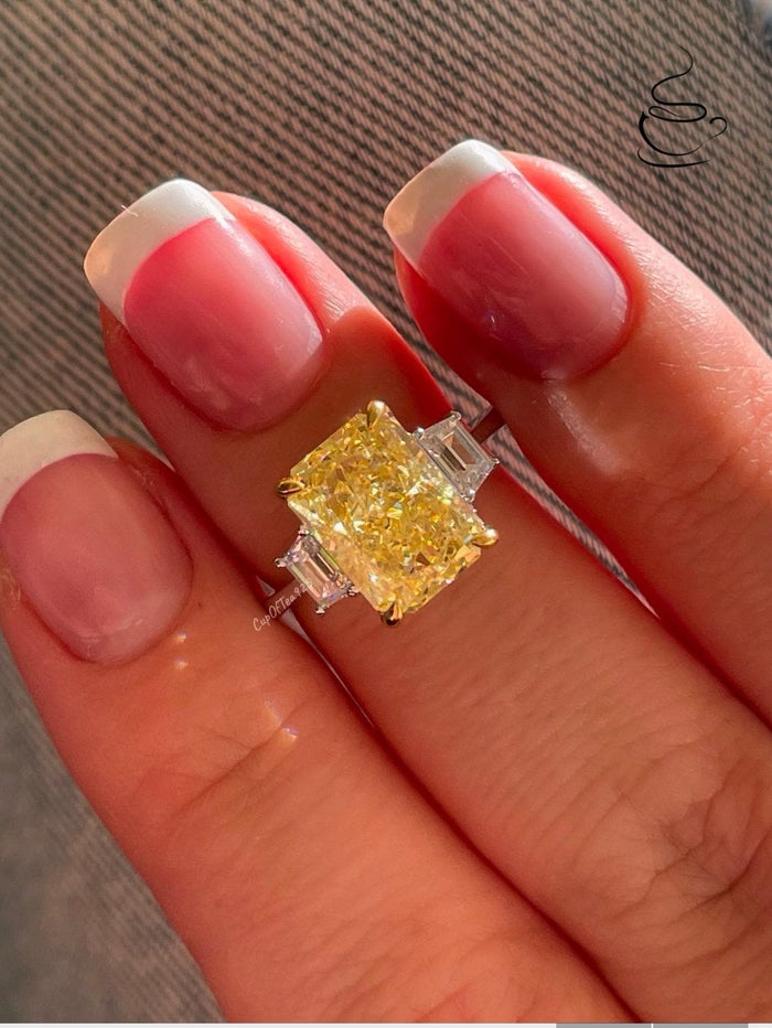 Canary Yellow Crushed Ice Simulated Diamond Engagement Ring, Sterling Silver, Radiant cut