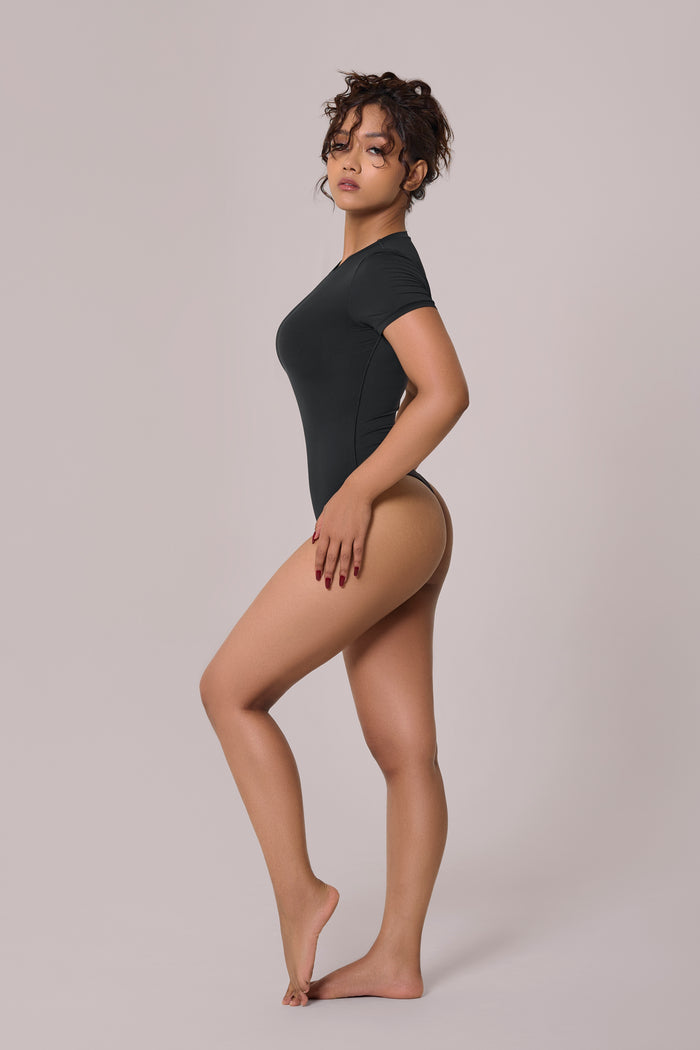 cap sleeves bare bodysuit for women in black color