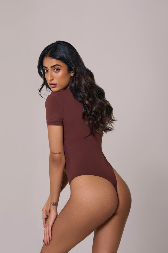 cap sleeves bare bodysuit wear for women in brown