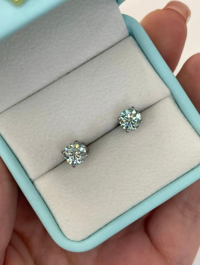 Certified aqua-blue-green moissanite stud earrings In Sterling Silver 925