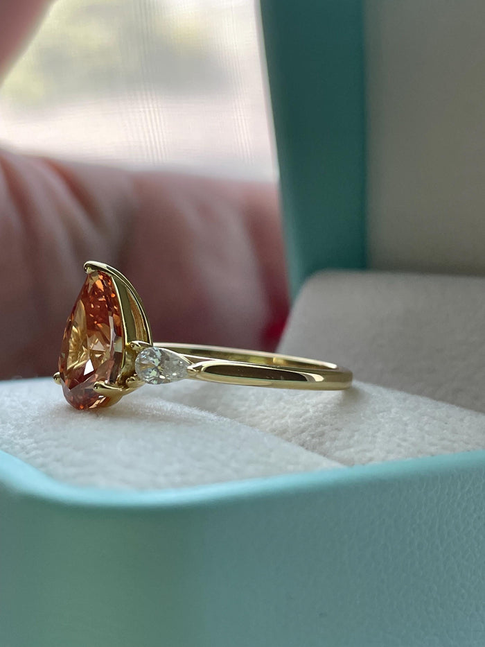 Champagne Pear Cut Engagement Ring: 3CT Crushed Ice, Yellow Gold Vermeil