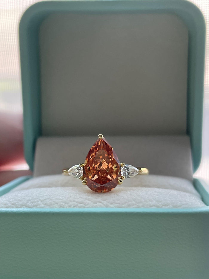 Champagne Pear Cut Engagement Ring: 3CT Crushed Ice, Yellow Gold Vermeil