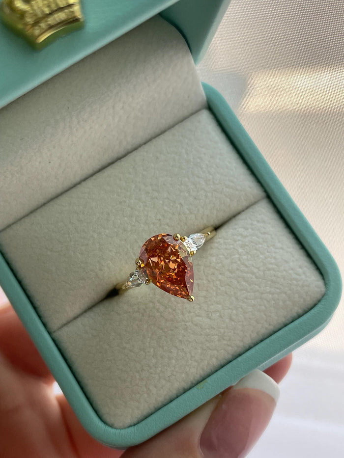 Champagne Pear Cut Engagement Ring: 3CT Crushed Ice, Yellow Gold Vermeil