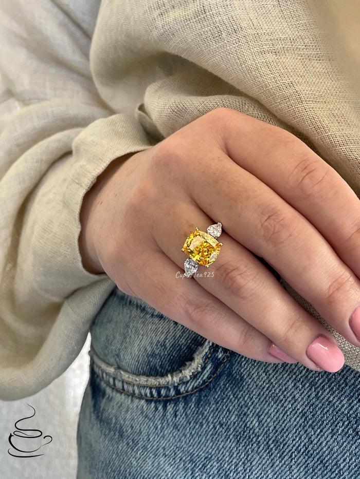 Champagne Simulated Diamond Engagement Ring: Sterling Silver Cushion Cut Three Stone