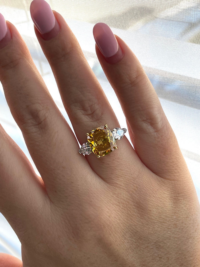 Champagne Simulated Diamond Engagement Ring: Sterling Silver Cushion Cut Three Stone