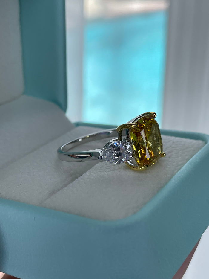 Champagne Simulated Diamond Engagement Ring: Sterling Silver Cushion Cut Three Stone