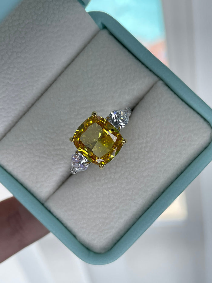 Champagne Simulated Diamond Engagement Ring: Sterling Silver Cushion Cut Three Stone