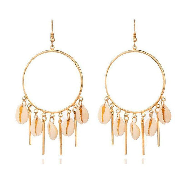 Gold hoop chandelier earrings with peach puka seashells and dangling charms