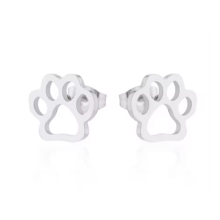 Silver-tone paw print stud earrings with round post backing