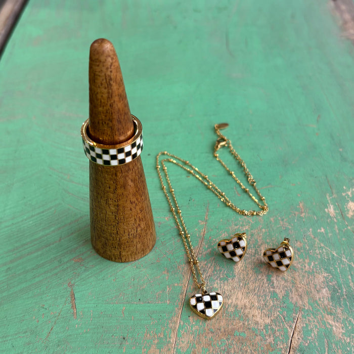 Checkered Gold Stainless Steel Heart Necklace, Earrings or Ring