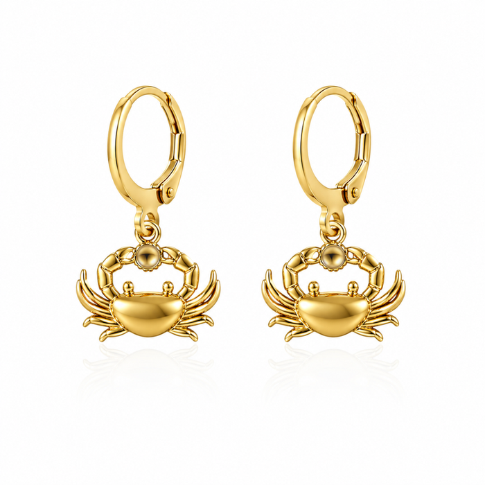 Gold crab huggie dangle earrings with small hoop and dangling crab charm